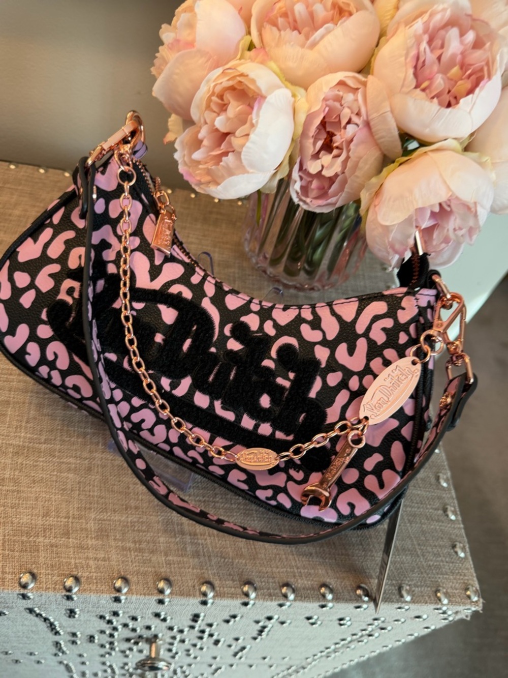 Von Dutch NWT Pink Leopard-Print Shoulder Bag with Rose Gold Chain
